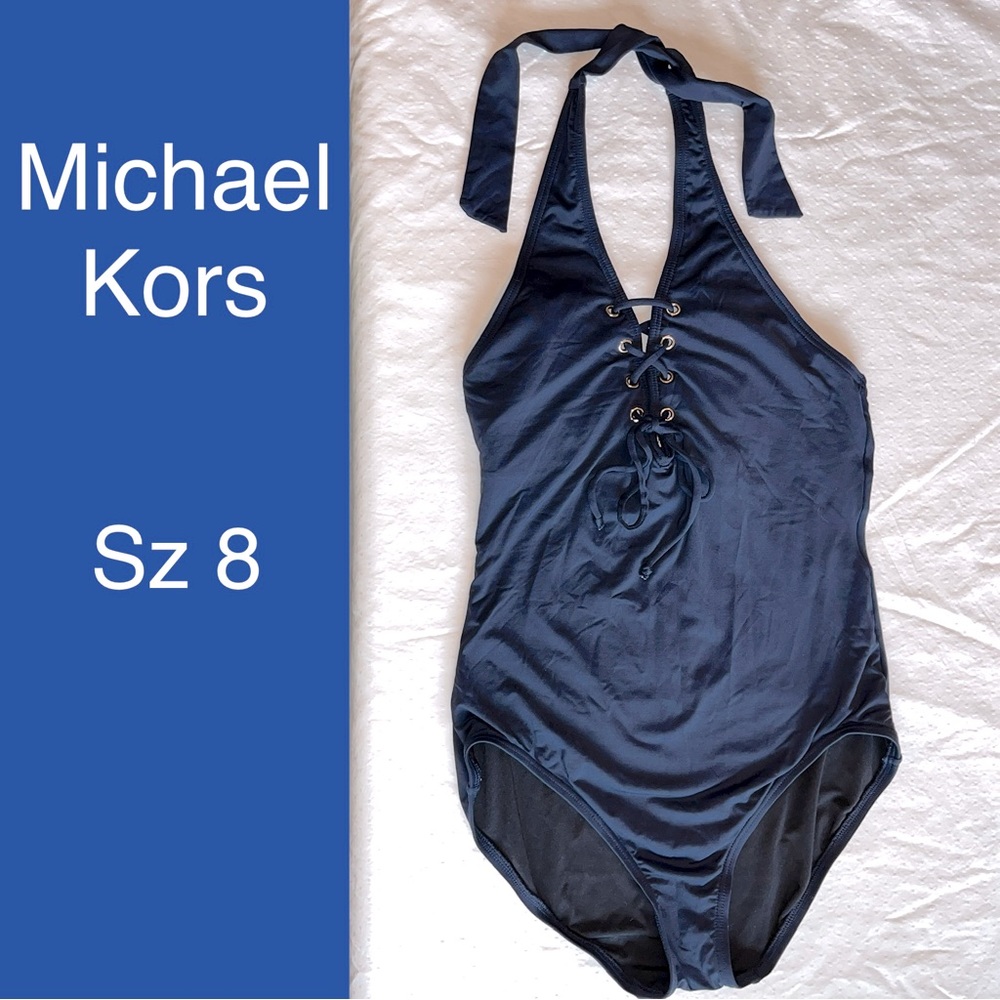 Michael Kors Navy Blue Lace Up Halter One Piece Swimsuit Gold Hardware Size 8